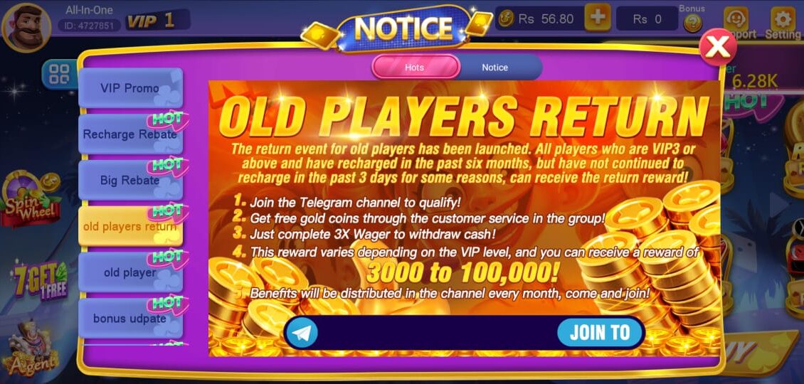 3 Patti Best Old Player Return Bonus Banner